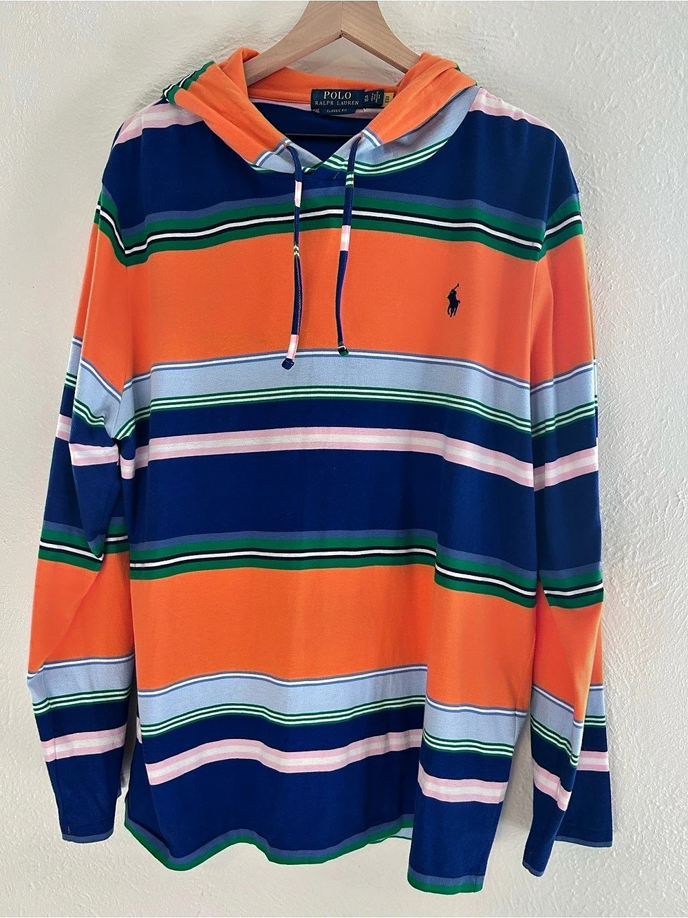 Polo Ralph Lauren Classic Striped Jersey Hoodie T-Shirt Drawstring Logo XL - Picture 2 of 12